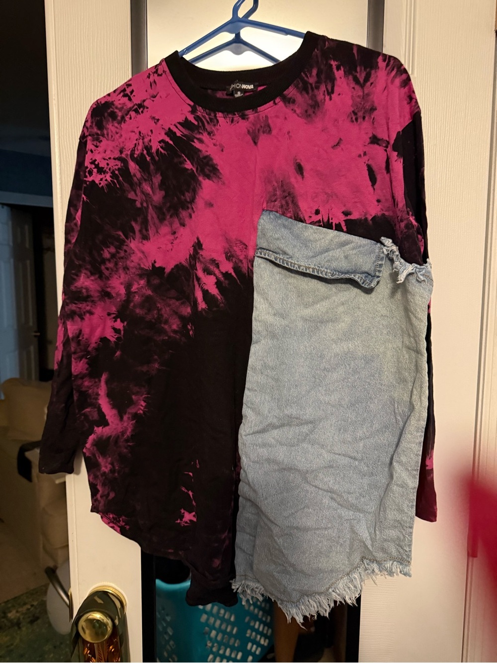 Fashion Nova Black and Magenta Tie-Dye Long Sleeve Top